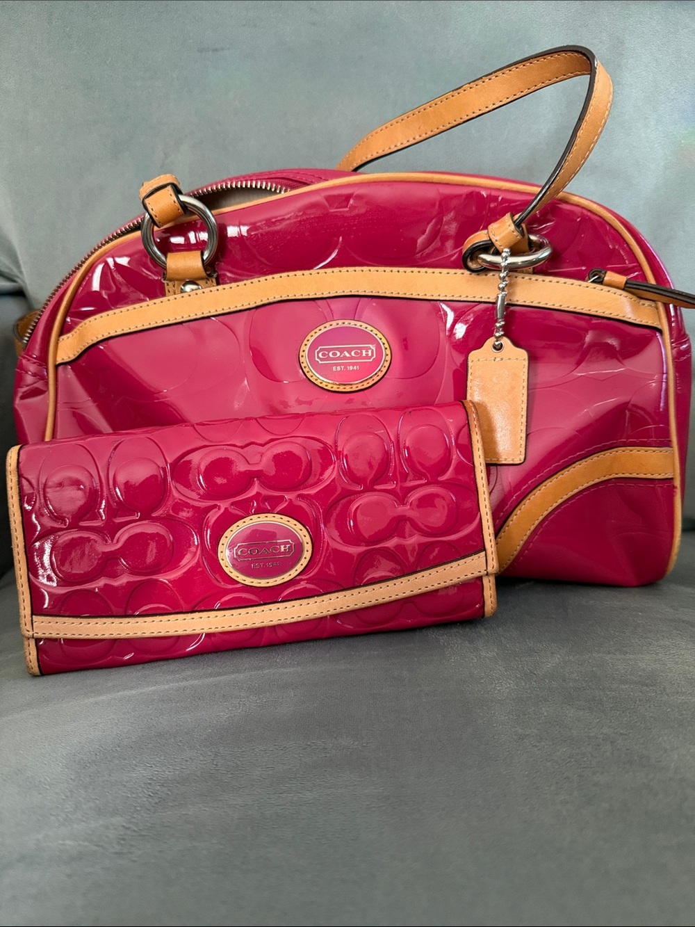 Coach Pink Patent Leather Satchel & Matching Wallet with Tan Trim